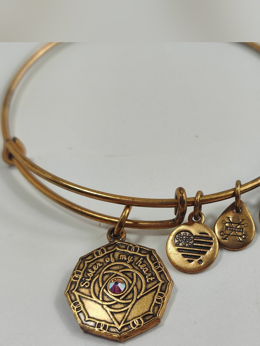 Alex and Ani Sisters of the Heart Charm Bracelet Gold Tone Adjustable Bangle